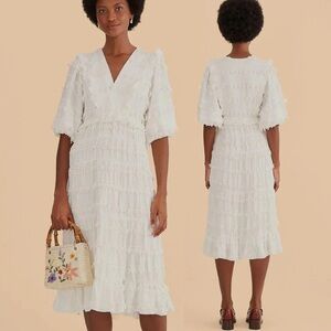FARM Rio Ruffles Tassels Tiered Puff-Sleeve Midi-Dress Off-White NWT $350 S